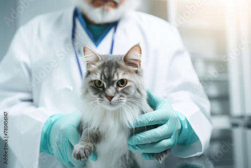 Veterinary cat examination in medical clinic. Vet male man doctor holding pet kitten