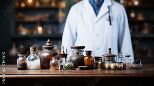 AI generated illustration of A doctor with assorted jars of herbs and salts on a wooden table