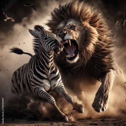 AI generated illustration of a lion attacking a zebra