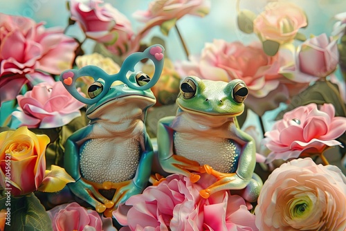 two frogs on a flower stand next to flowers that have been picked from the bushes