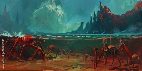 a painting shows a large group of large spiders standing in the water photo