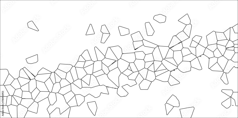Obraz premium Abstract White Colored Broken Stained-Glass Geometric Retro Tiles Pattern w Black Lines & Quartz Crystal Voronoi Diagram Background for Website, Fabric Printing, Brochures, Luxury/Premium Packaging