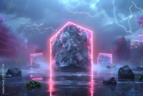 a rock with pink lights in water photo
