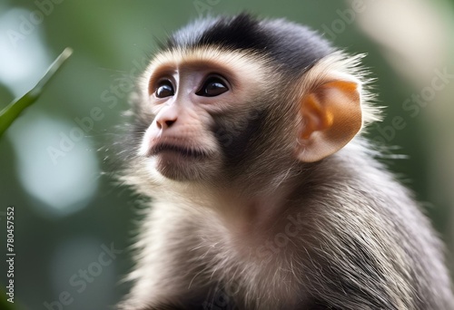 AI generated illustration of a monkey sitting against green plants © Wirestock