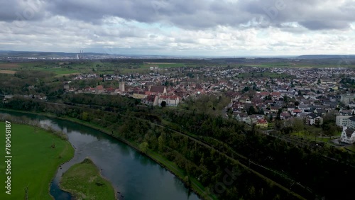 Bad Wimpfen, North of Heilbronn, Germany on the river Neckar filmed on a cloudy day with 4K drone photo