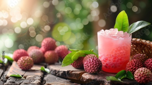 Fresh lychee drink and slice peeled with green leaves harvest in basket from tree tropical fruit summer © MUCHIB