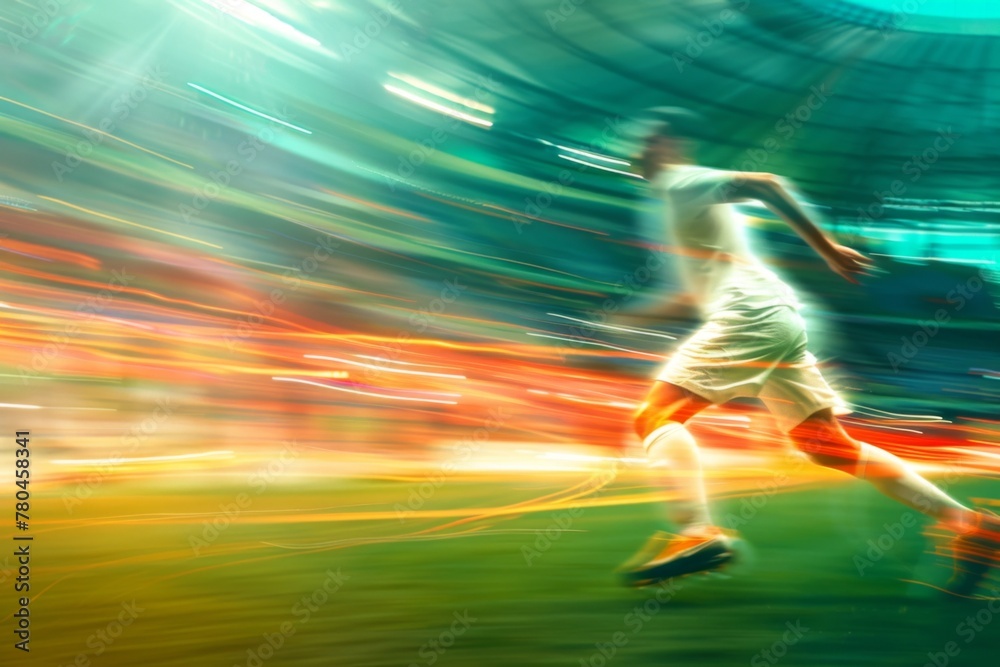 Blurred motion shot of a soccer player on the field during a game, depicting movement and speed