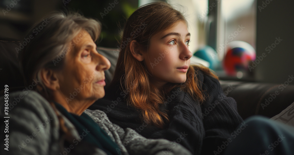 an old woman and young girl sitting on a couch in front of a window