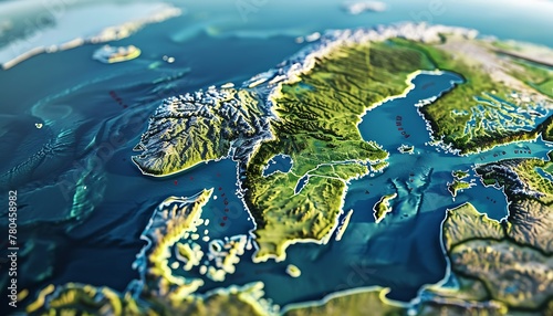3D illustration showing flattened satellite view of Scandinavia and Northern Europe's geography and topography