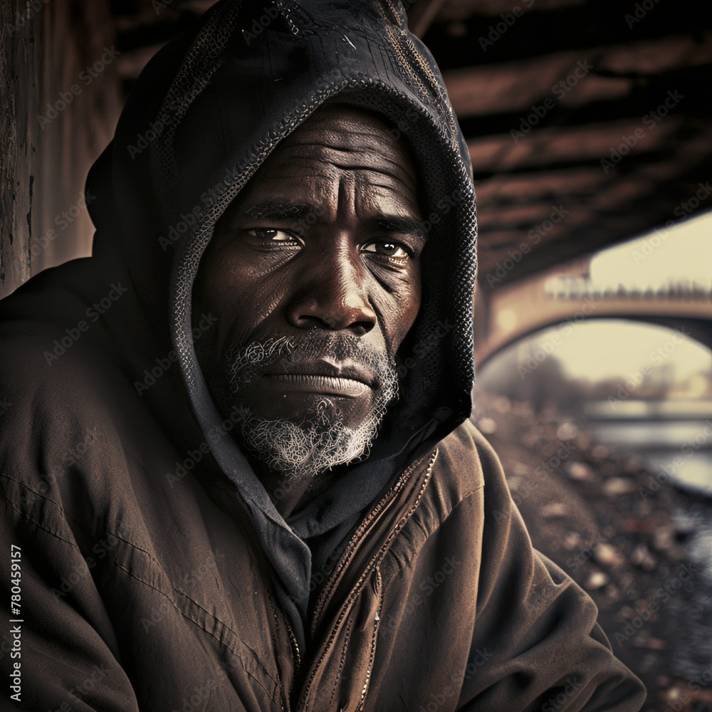AI generated illustration of a homeless black man under a bridge AI generated illustration of a homeless black man under a bridge