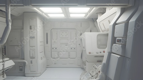 Immersive Futuristic Spacecraft Interior with Advanced Technological Systems and Instrumentation © yelosole