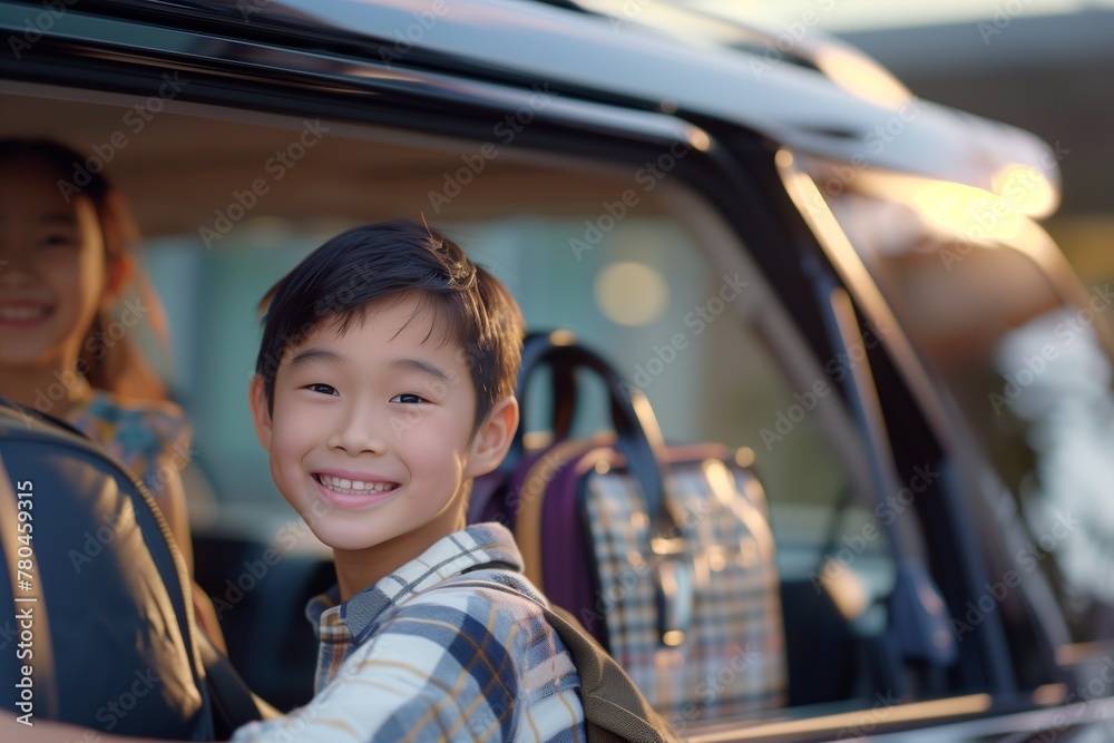 An Asian boy getting into a car with luggage An Asian boy getting into a car with luggage