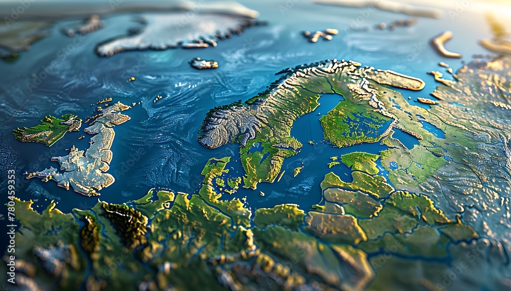 3D illustration showing flattened satellite view of Scandinavia and Northern Europe's geography and topography 3D illustration showing flattened satellite view of Scandinavia and Northern Europe's geography and topography