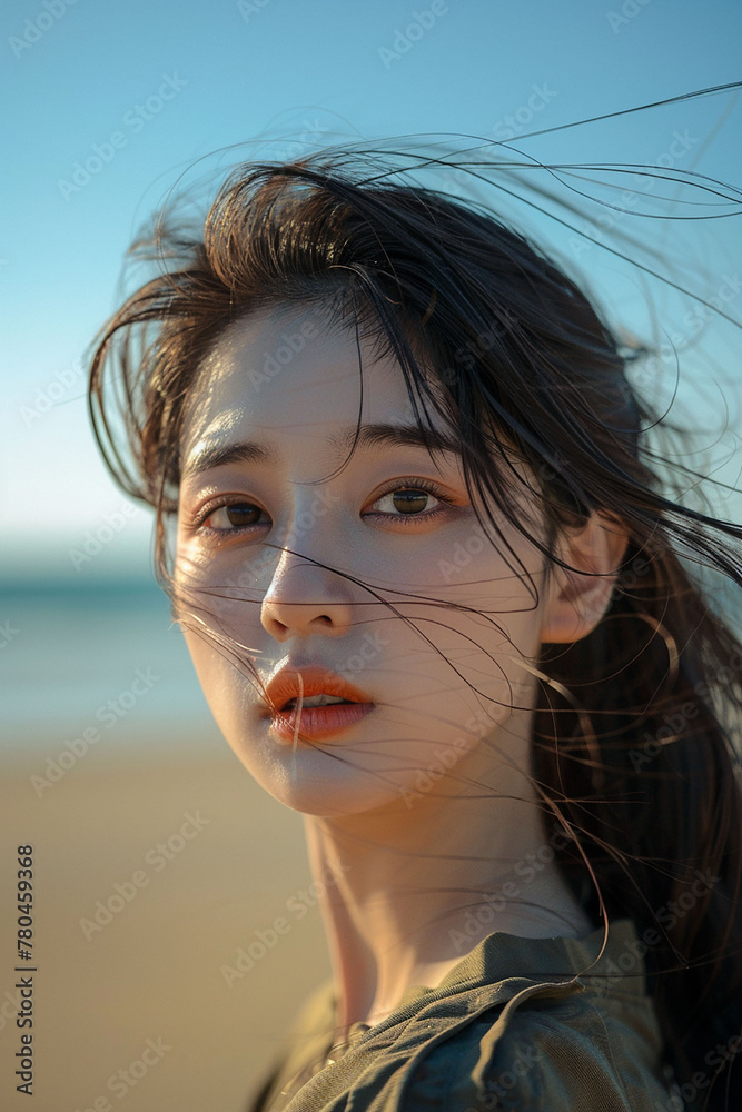 AI generated illustration of an Asian woman on a windy beach in front of the ocean AI generated illustration of an Asian woman on a windy beach in front of the ocean