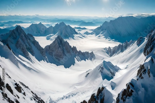 A vast mountain range, where snow-kissed summits reach for the heavens.