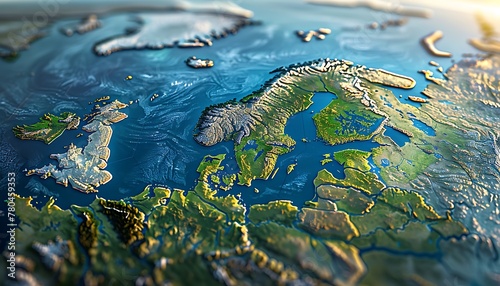 3D illustration showing flattened satellite view of Scandinavia and Northern Europe's geography and topography