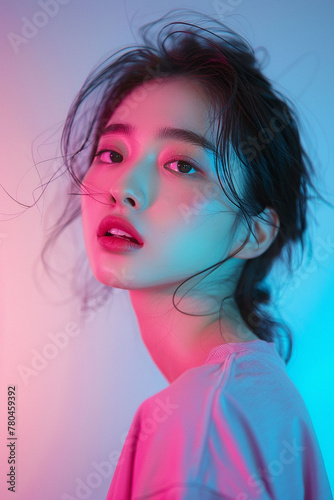 AI generated illustration of a young Asian woman with mood-lighting