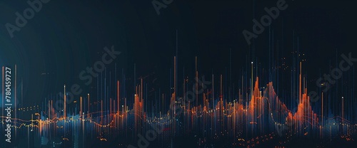 stock market graph with candlestick chart , in the style of blue colors, orange lines, on a black gradient background, with a dark blue color photo