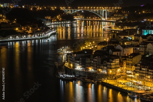 Porto cityscape with reflections in Douro river at night