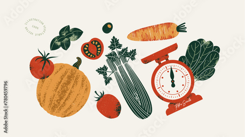 Kitchen scale with the various food. Pumpkin with tomato and basil with carrot and celery. Seamless pattern. Vector illustration