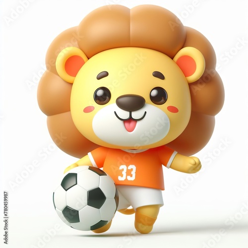 Cute character 3D image of a Lion with simple football clothes playing a ball  funny  happy  smile  white background