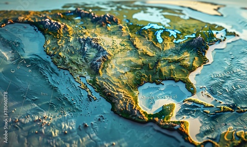 geography and topography of the USA through a detailed physical map, showcasing Earth's landforms in a 3D illustration photo