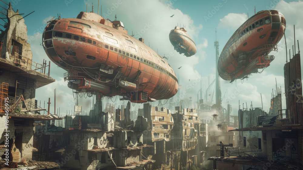 Post apocalyptic airships over damaged structures