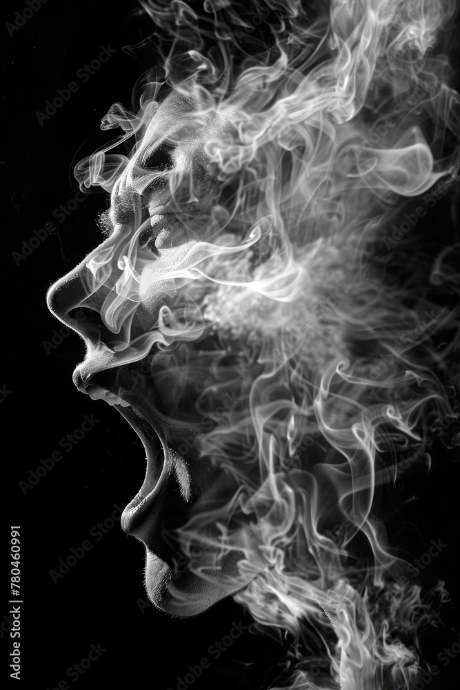 Face covered in smoke shouting or gasping for air on black background. Face covered in smoke shouting or gasping for air on black background.