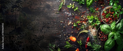 Top view of a cooking background with herbs and spices on a dark wooden table