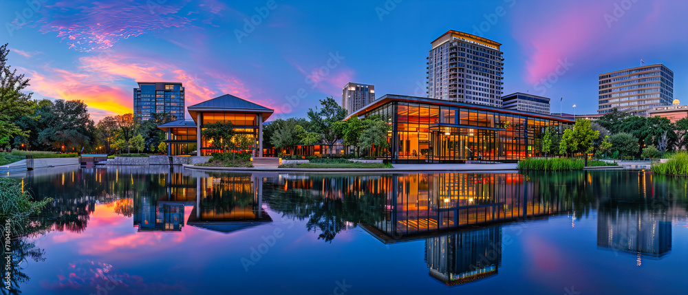 Naklejka premium Sunset Serenity: Bangkoks Skyline Reflecting on the River, Blending Urban Progress with Natural Beauty