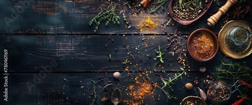 Top view of a cooking background with herbs and spices on a dark wooden table
