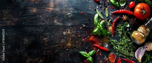 Top view of a cooking background with herbs and spices on a dark wooden table