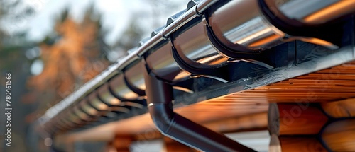 Modern Brown Gutter on Sunlit Roof Edge. Concept Roofing, Gutters, Modern Design, Sunlight, Home Improvement photo