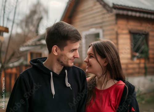 Portrait of a happy young couple in love, looking at each other and smiling while standing against a wooden house background.