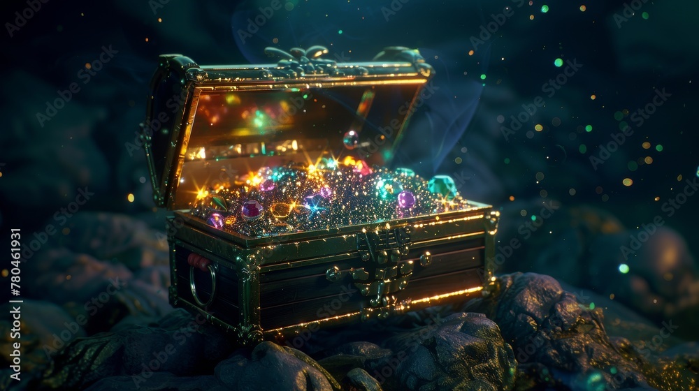Enchanted Treasure Chest with Gleaming Gems, An open, antique treasure chest overflows with colorful, gleaming gems against a bright, white background, invoking a sense of discovery and wealth