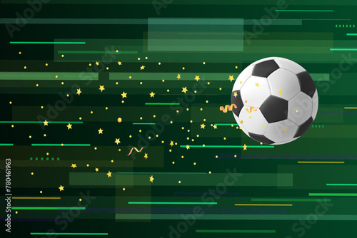 Flying soccer ball with golden confetti on abstract green background. 3d vector illustration