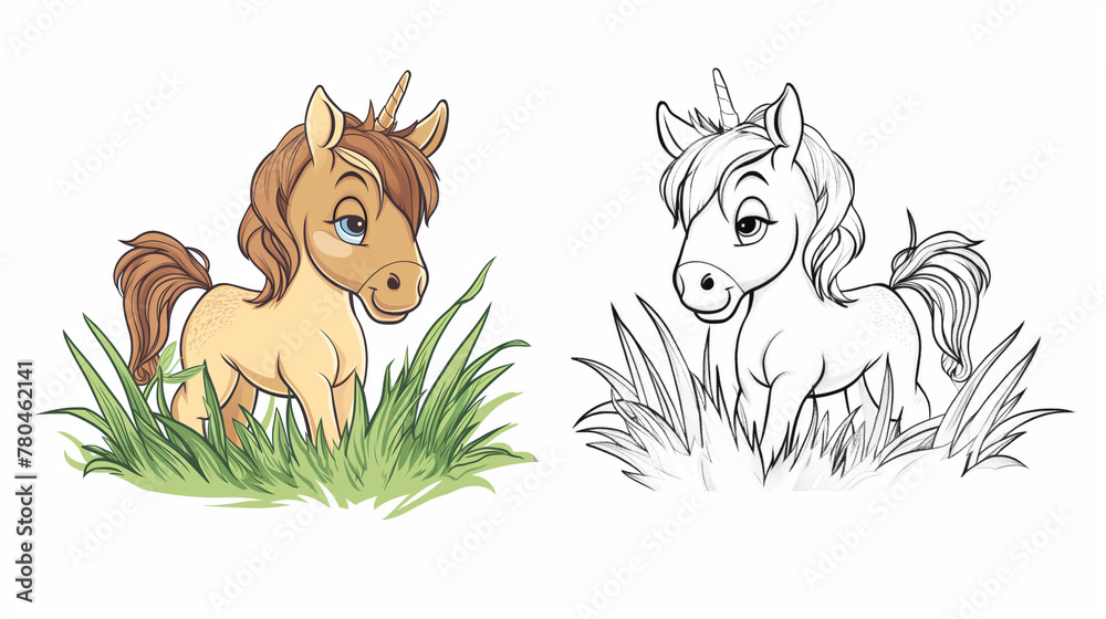 Illustration of a cute, cartoon unicorn in nature in the style of a children's coloring book on a white background. Two illustrations - color and black and white for coloring.
