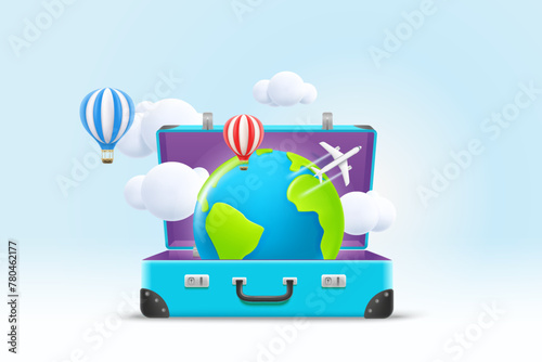 Blue suitcase with the Earth. World travel concept. 3d vector illustration