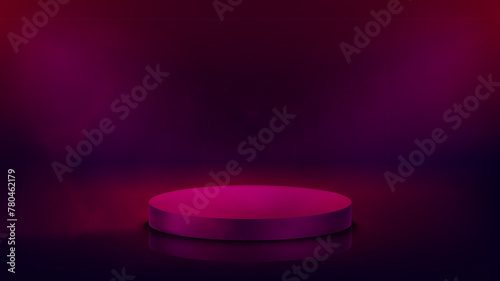 Violet studio with glowing projectors, podium and smoke. 3d vector illustration
