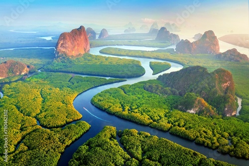 Aerial view of the Phang Nga bay with mountains at sunrise in Thailand photo