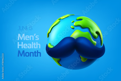 June is the World Mens Health Month. Vector concept with the Earth and mpustache