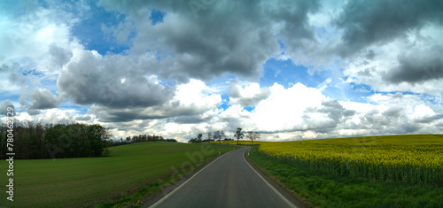 Countryside road passing through the green field with the sunny sky and clouds in the background