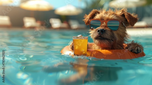 A relaxed dog with sunglasses floating on a ring in a pool, holding a cocktail, embodies the ultimate summer chill-out experience.