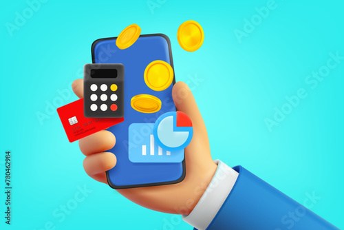 Using mobile phone for making money. 3d vector concept