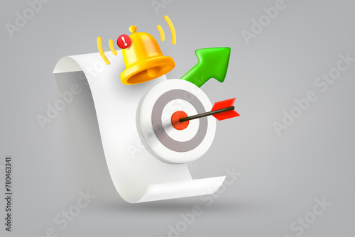 Business management concept with bell, arrow, target. Vector 3d illustration