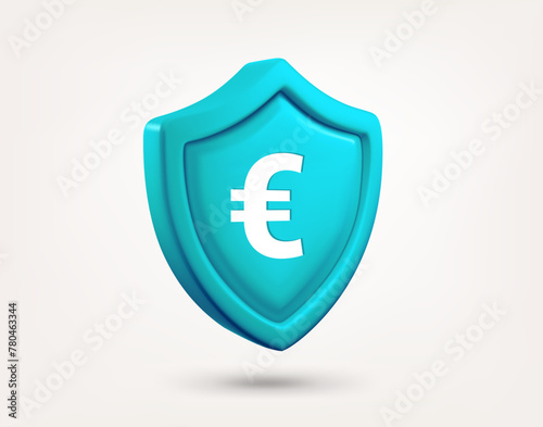 Blue shield with euro sign isolated on white background. 3d vector illustration