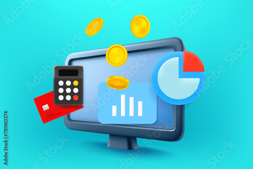 Using computer for making money concept. 3d vector illustration