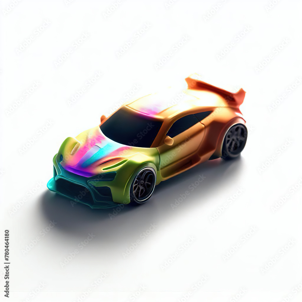 Fototapeta premium a classic sport car with bright colors on a white background. shiny automobile with rainbow colors. 3d illustration made with generative AI technology 