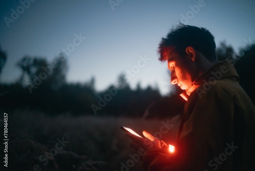 Konstfotografi Young Caucasian male looking at his smartphone with a red light reflecting on hi