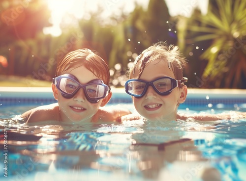 photo of three happy kids in a colorful inflatable swimming ring, wearing diving goggles and floating on the water at a summer pool party, looking into the camera, close up portrait shot